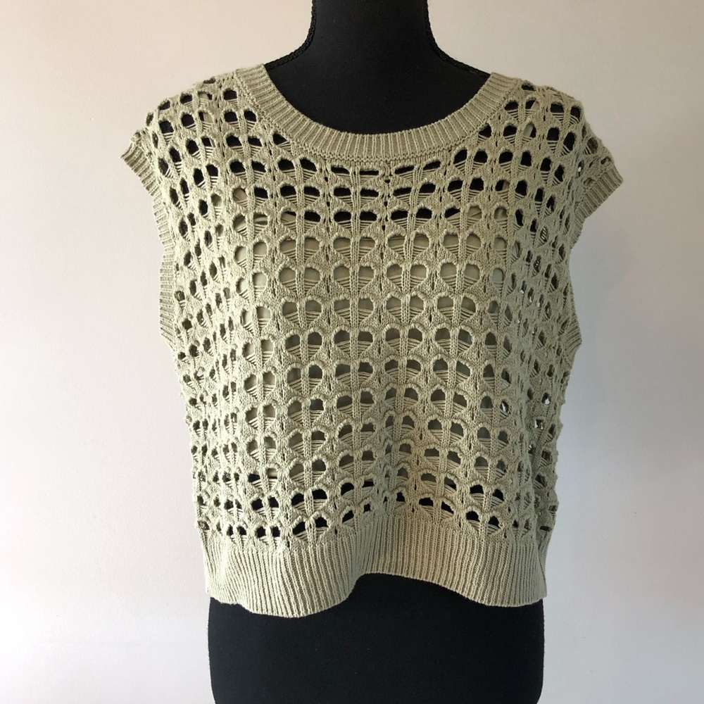 Women’s Freshman 1996 Sage Green Cropped Crochet Knit 2 piece Top size L